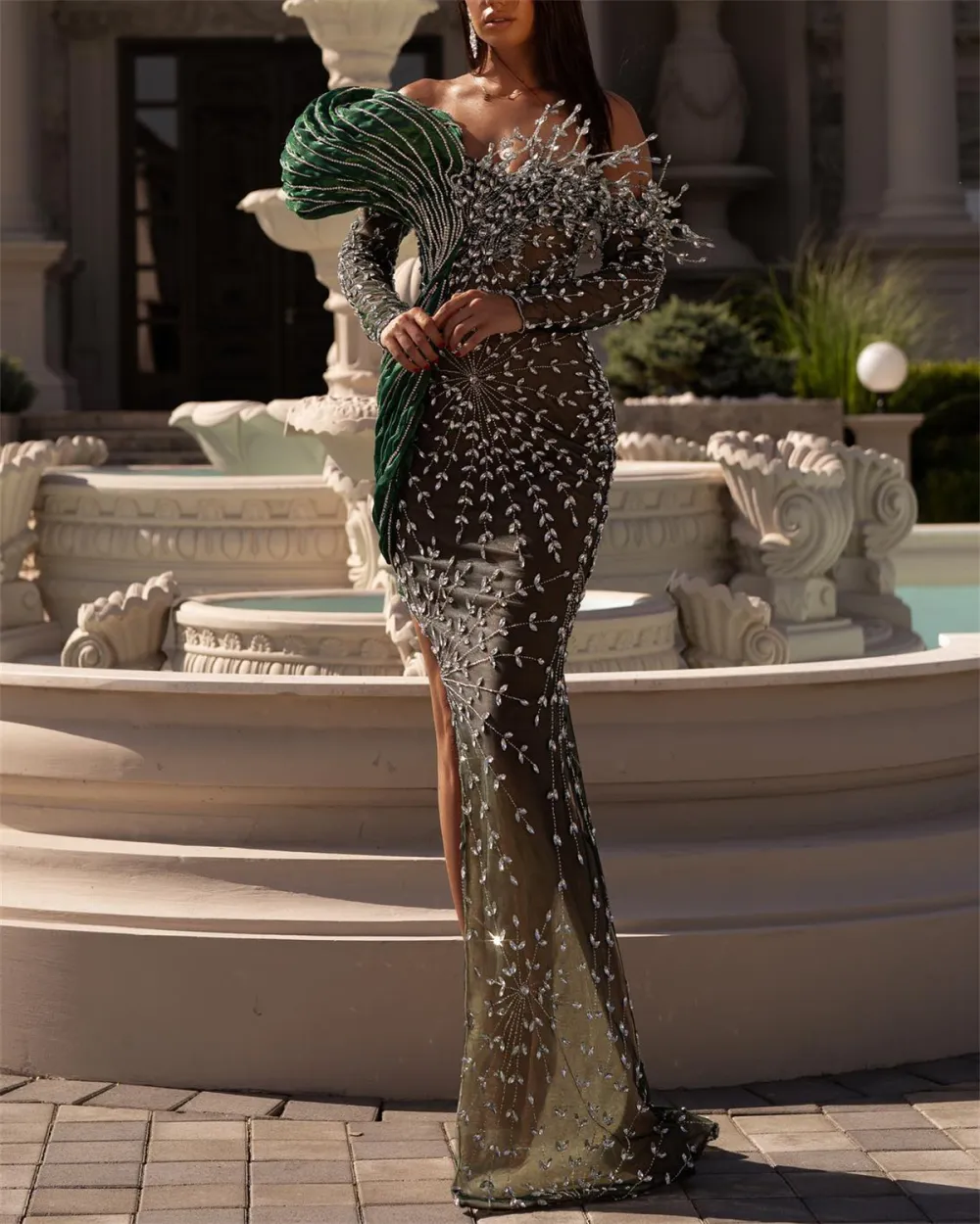 Women's Off Shoulder Slit Embroidered Evening Dress