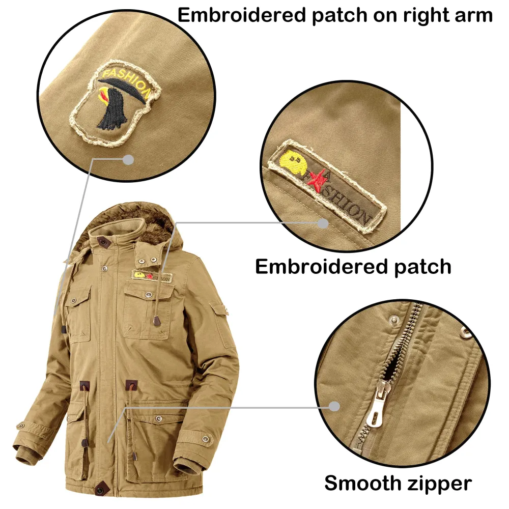 Men's Outdoor Plus Fleece Warm Hooded Multi-Pocket Mid-Length Thick Jacket
