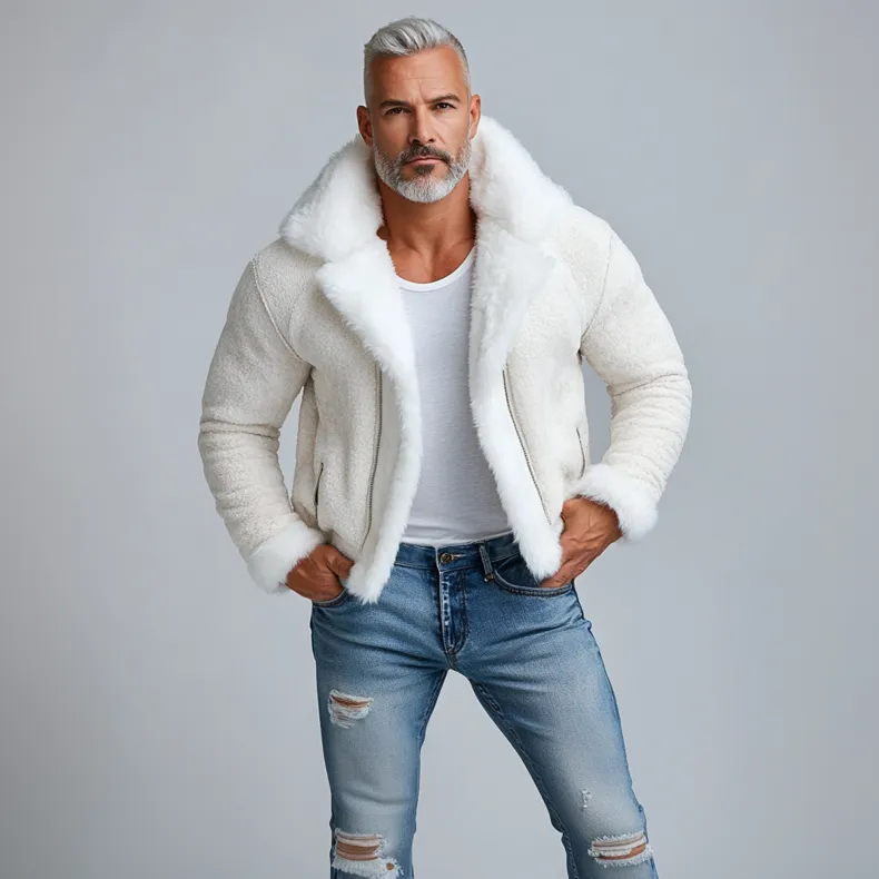 Men's Lapel Collar Zipper Plush Splicing Coat