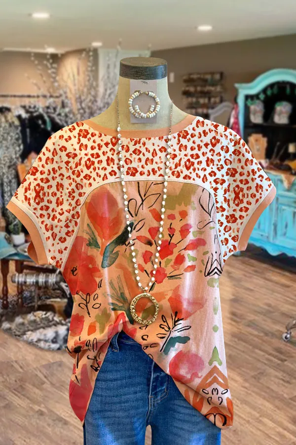 Casual Leopard Floral Print Dolman Sleeve Top