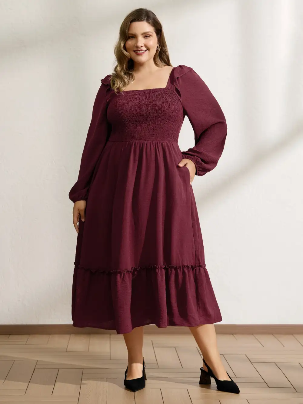 Shirred Bodice Ruffled Tiered Maxi Dress