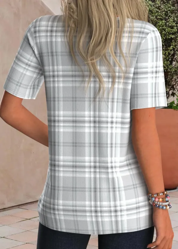 Grey Tuck Stitch Plaid Short Sleeve T Shirt