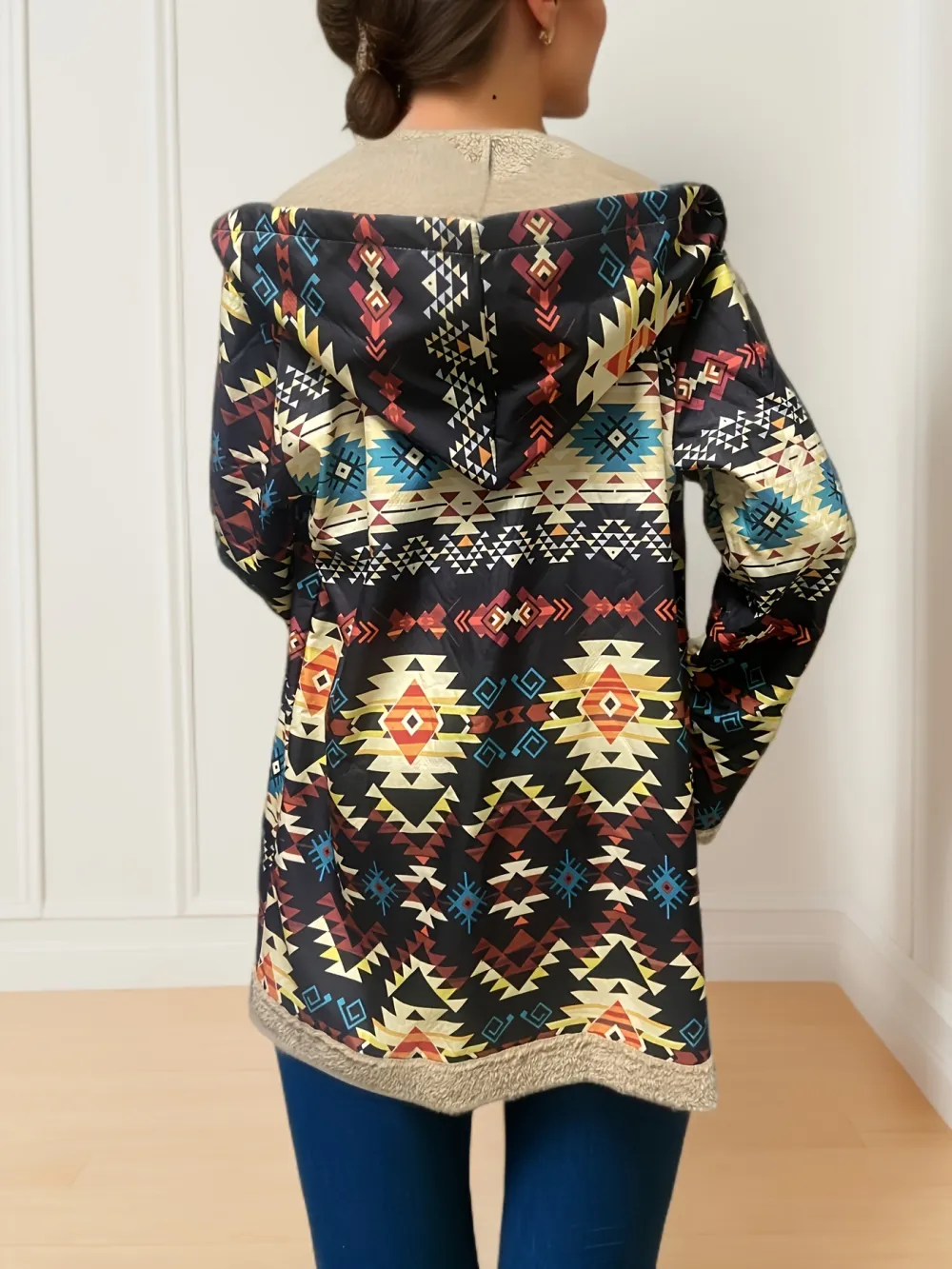 Vibrant Geo Print Hooded Jacket - Soft, Casual, Long Sleeve, Button Front, Pockets, Fall & Winter Essential - Women's Stylish Clothing for Everyday Wear