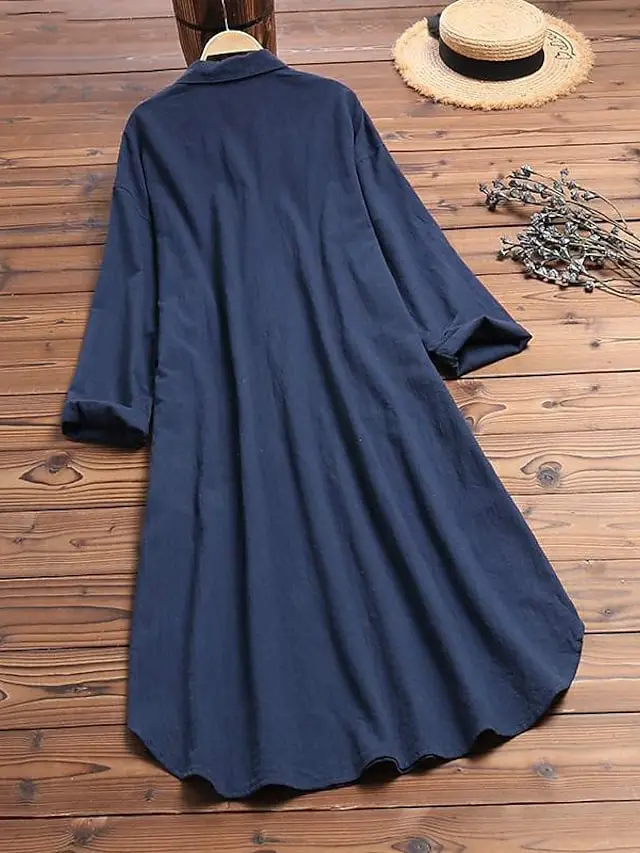 Women‘s Casual Dress Cotton Dress Shirt Dress Swing Dress Midi Dress Blue Yellow Red Long Sleeve Pure Color Pocket Summer Fall Spring Shirt Collar Basic Daily Weekend Loose Fit 2023 S M L XL XXL 3XL