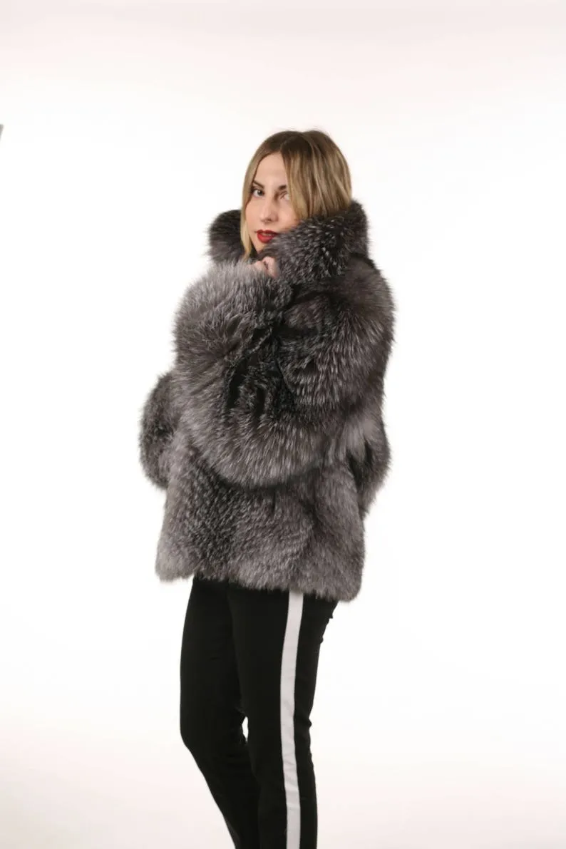 Blue frost Fur Waist Length Jacket
