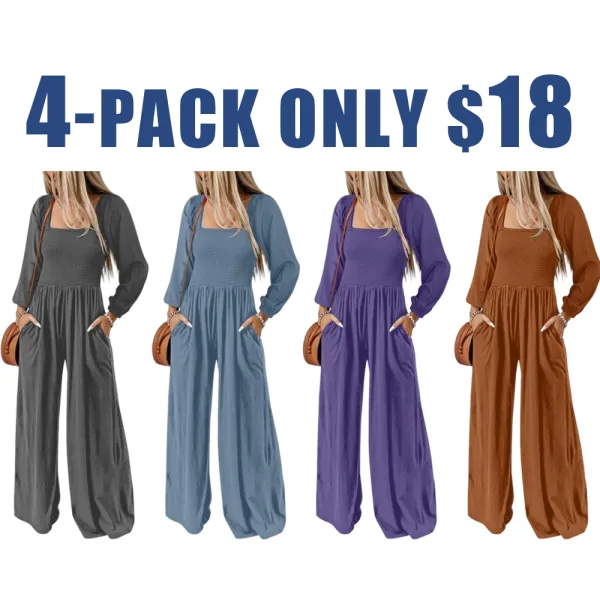Women's Casual Loose Long Sleeve Wide Leg Jumpsuit with Pockets