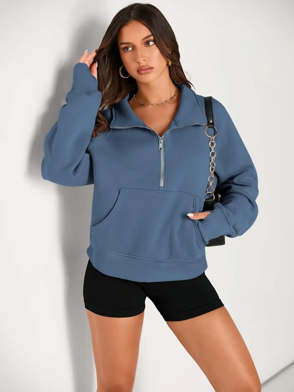 Womens Sweatshirts Half Zip Cropped Pullover Fleece Quarter Zipper Hoodies Fall outfits Clothes Thumb Hole