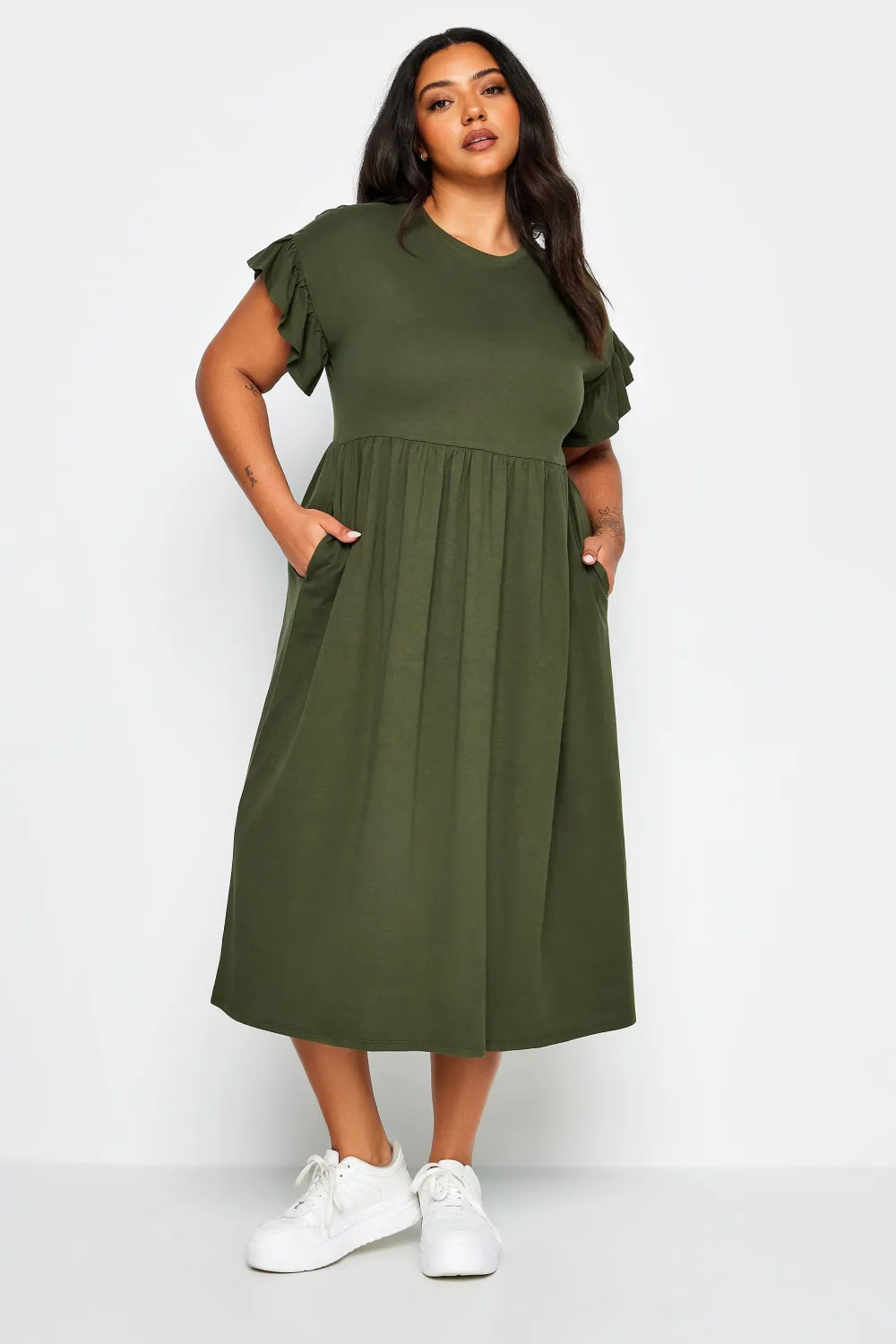 YOURS Curve Black Pure Cotton Frill Sleeve Midaxi Dress