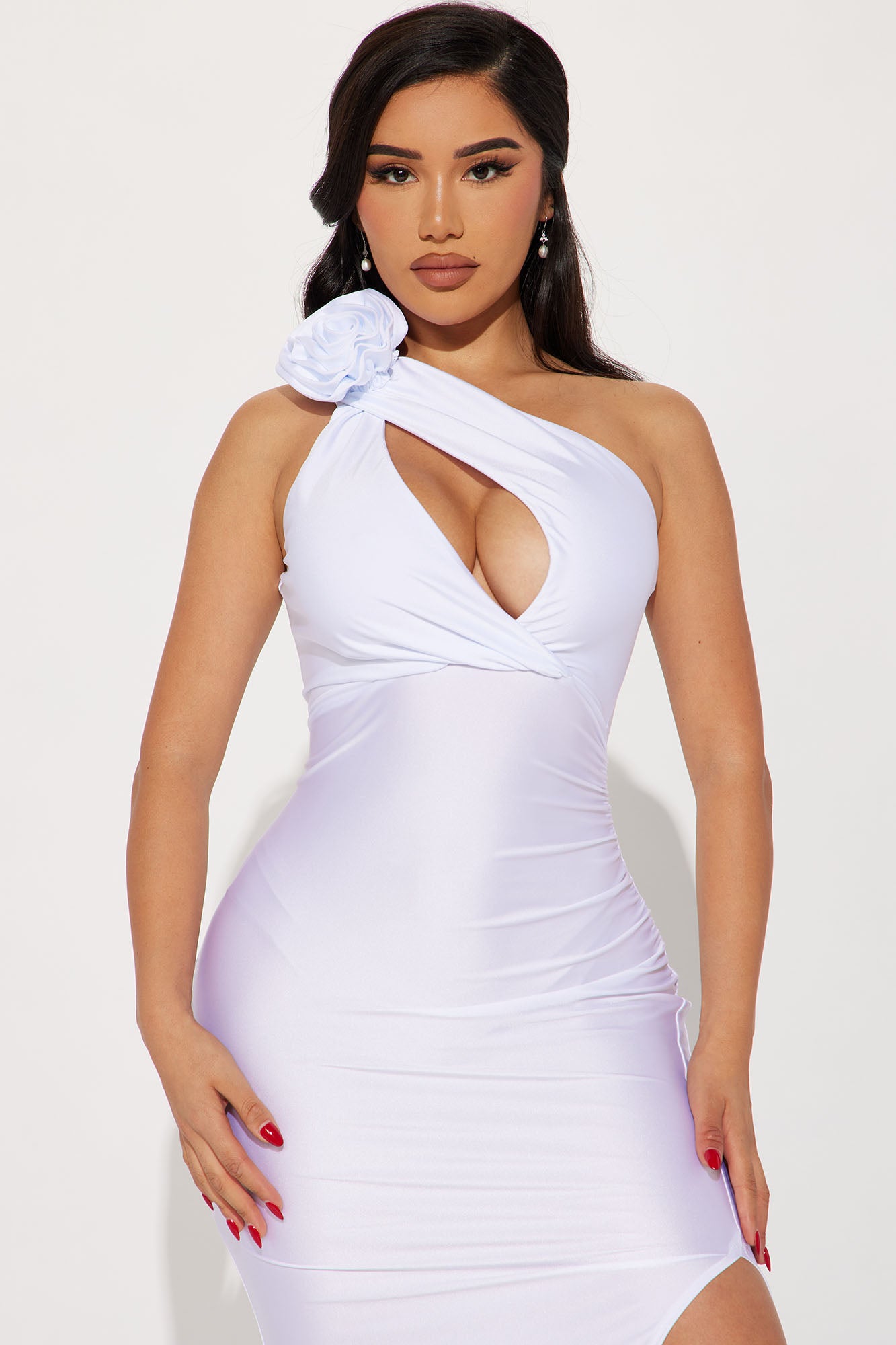 Rosette One Shoulder Gown - White