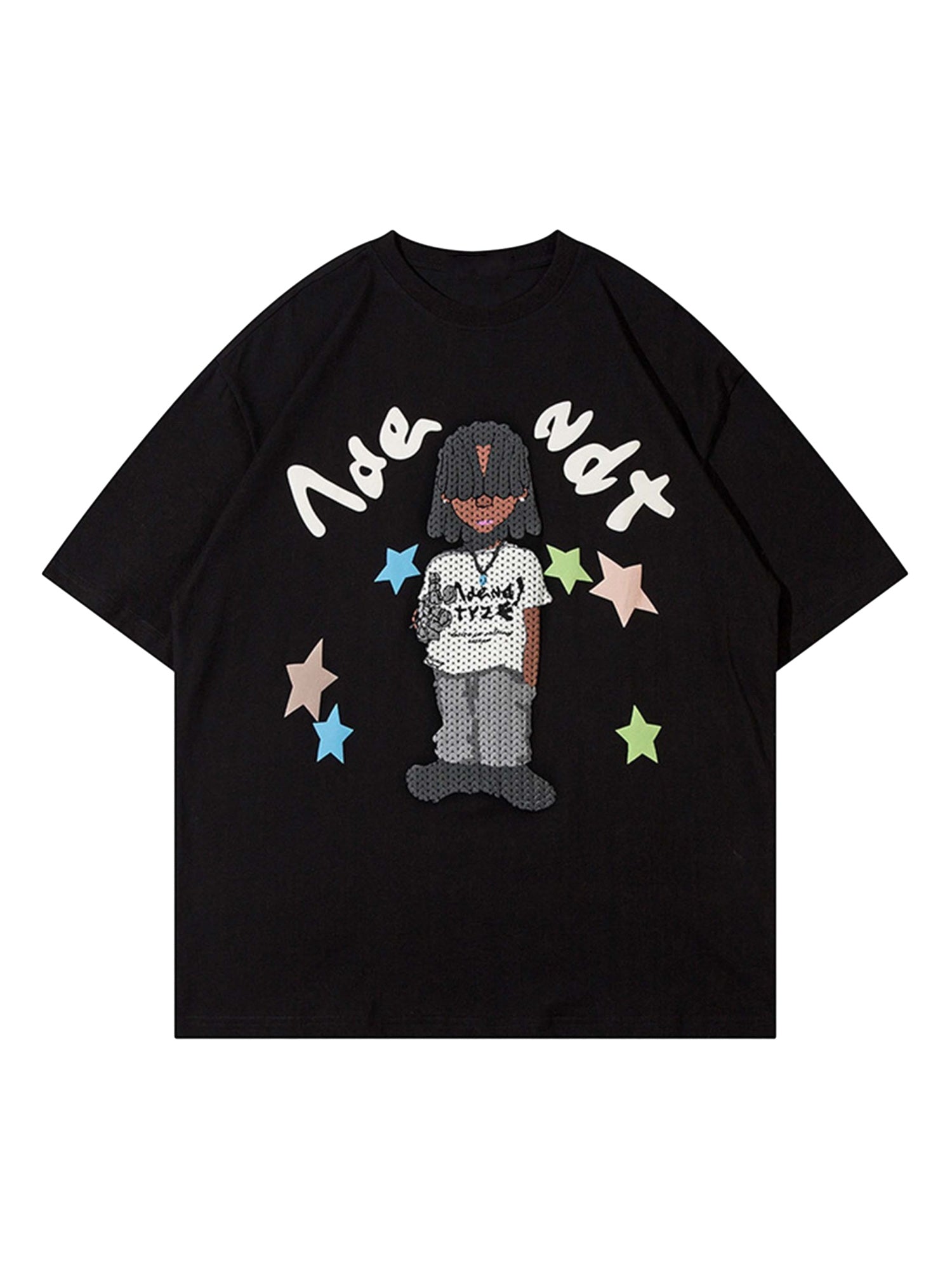 Hip Hop Cartoon Character Print T-shirt
