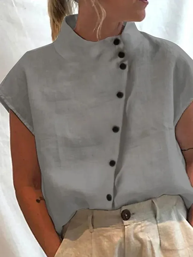 Women's Shirt Blouse Turtleneck shirt Plain Light Blue Black White Button Short Sleeve Casual Fashion Basic Elegant Standing Collar Regular Fit