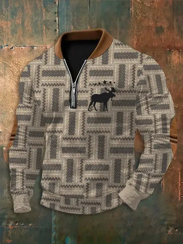 Men's Western Retro Texture Knit Printed Sweatshirt
