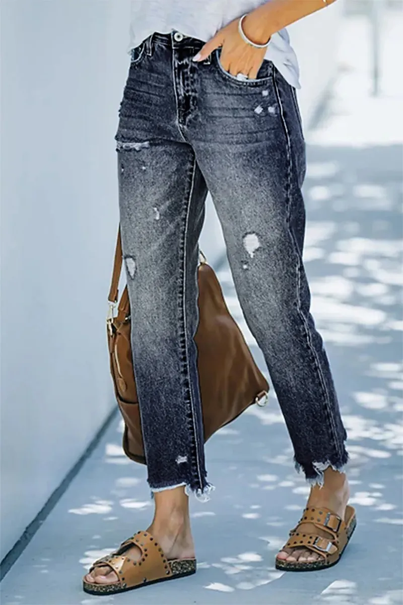 Ripped Raw Hem Zip Fly Jeans