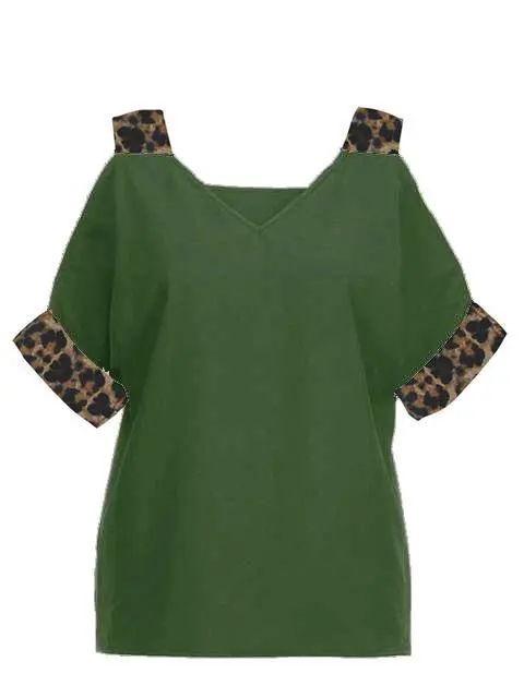 Leopard Print V-neck Cold Shoulder Tops