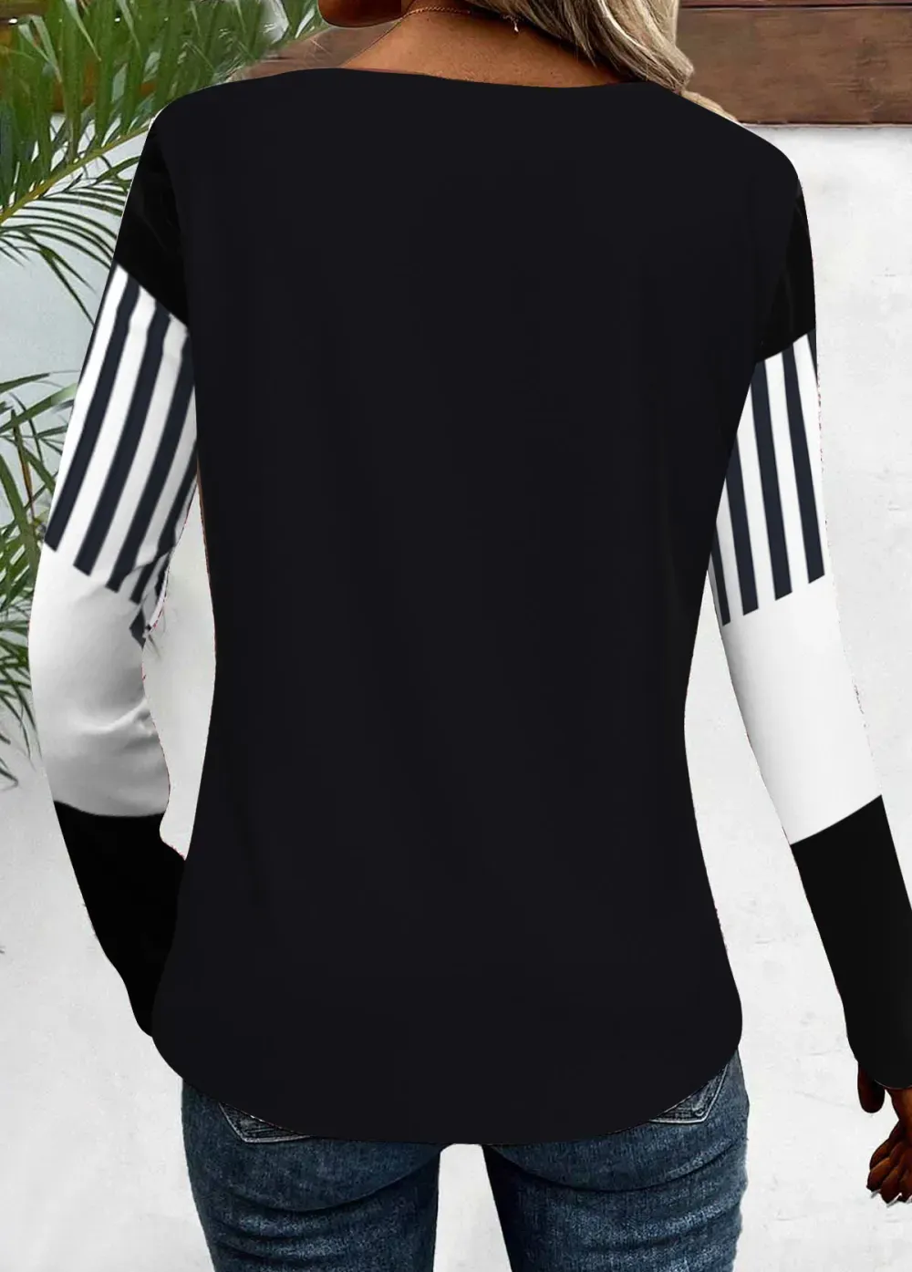 Black Button Geometric Print Long Sleeve T Shirt