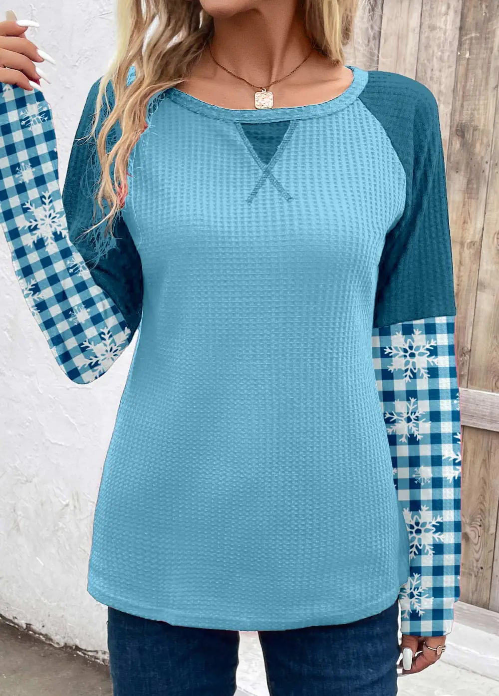 Sky Blue Patchwork Plaid Long Sleeve T Shirt
