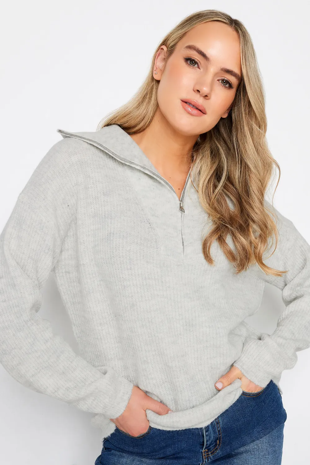 LTS Tall Dark Green Marl Zip Funnel Neck Jumper
