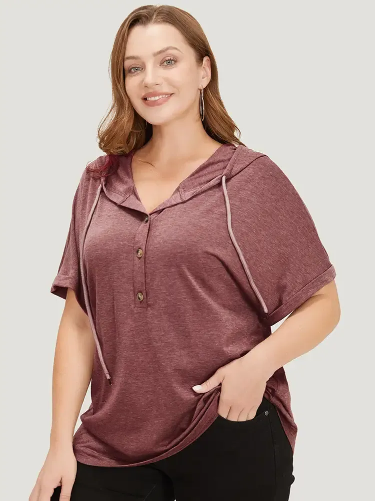 Plain Drawstring Roll Sleeve Button Up Hooded T-shirt