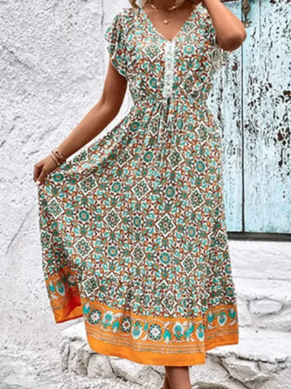 Women Floral V Neck Short Sleeve Comfy Casual Midi Dress