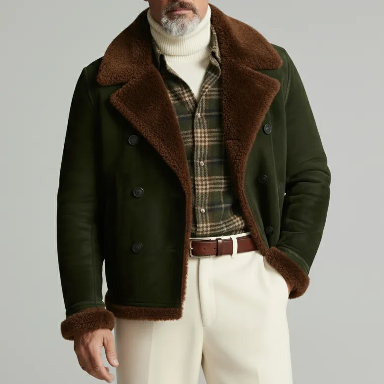 Men's Dark Green Plush Lapel Long Sleeve Double Breasted Suede Coat