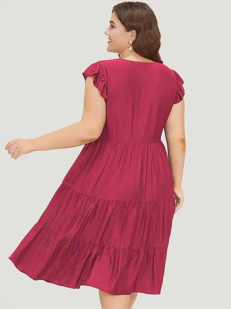 Plain Pocket Button Detail Ruffle Layered Hem Dress