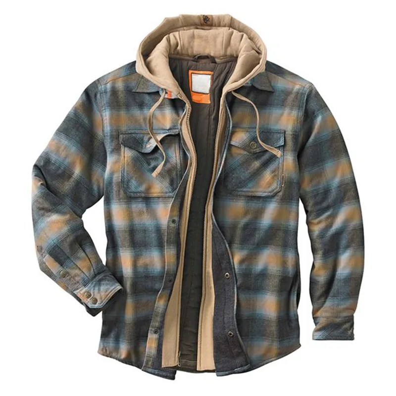 Men's Plaid Brushed And Fleece Padded Hooded Cardigan Jacket