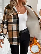 Women's Sherpa Jacket Comfortable Breathable Pocket Print Casual Plaid Vacation Street Daily Wear Going out Single Breasted Regular Hoodie Regular Fit Long Sleeve Outerwear Red Green Khaki Spring Fall