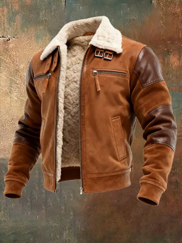 Men's Vintage Suede Stitching Leather Zipper Pocket Outdoor Jacket