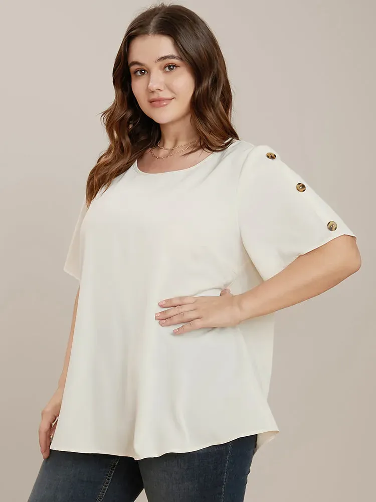 Plain Round Neck Button Detail Blouse