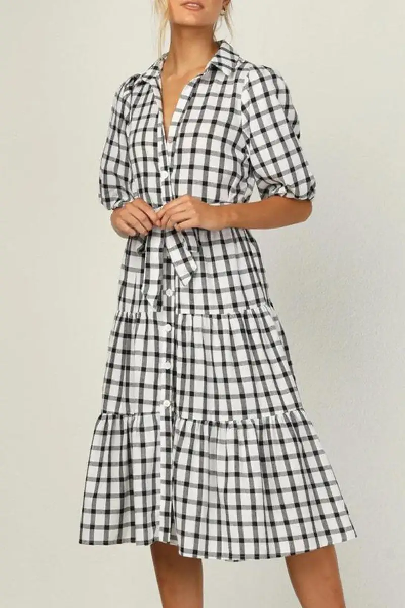 Fashion Casual Plaid Split Joint Turndown Collar A Line Dresses
