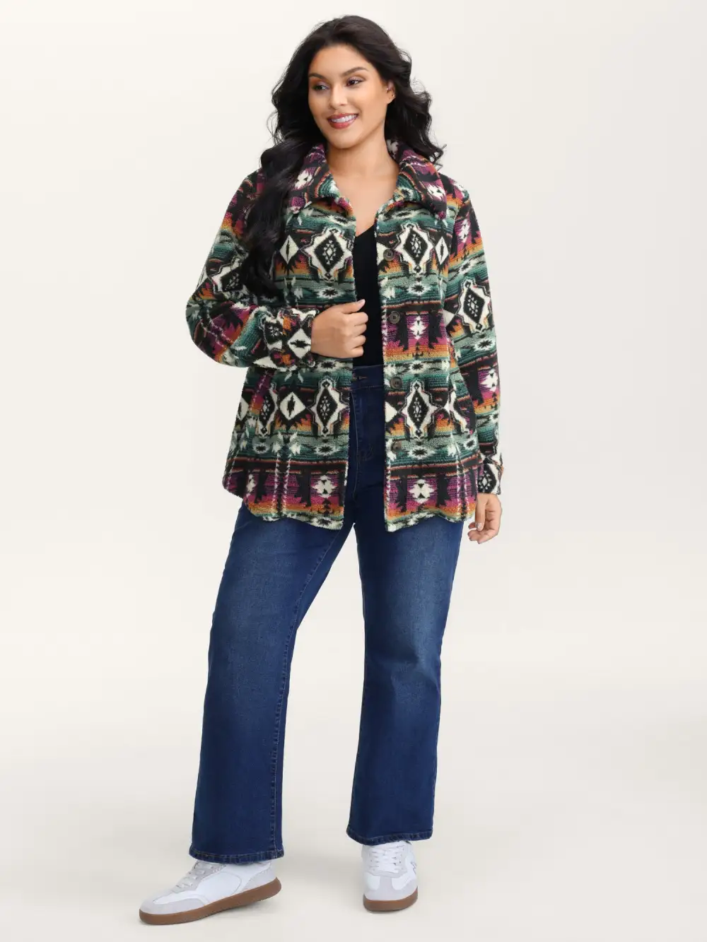 Geometric Velvet Button Pockets Coat