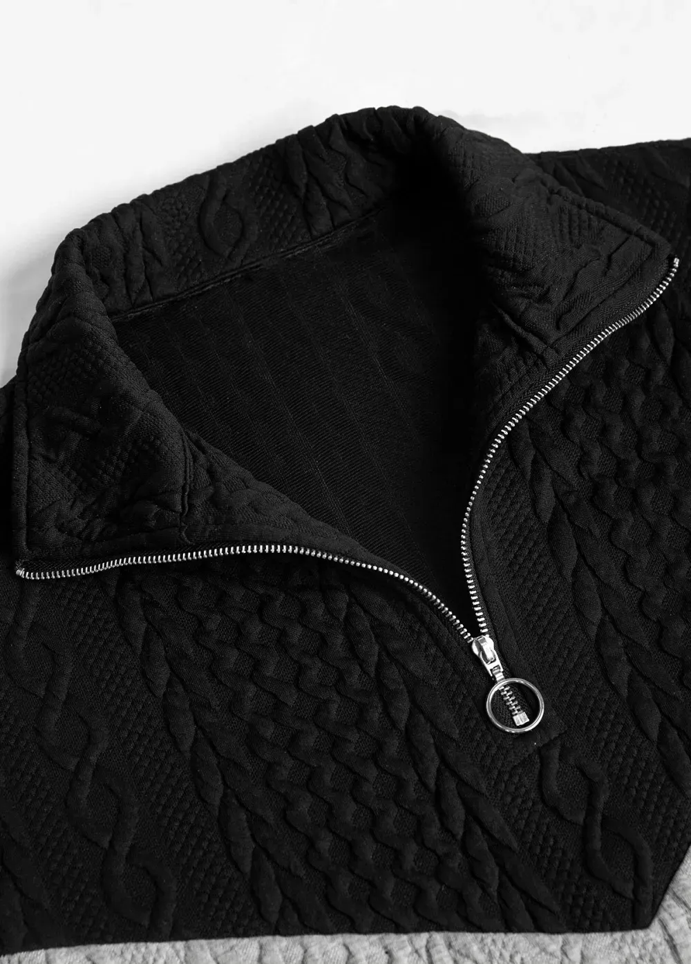 Black Jacquard Long Sleeve Turn Down Collar Sweatshirt