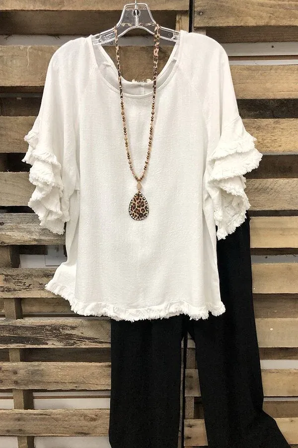 Solid Casual Loose Ruffle Sleeve T-shirt Top