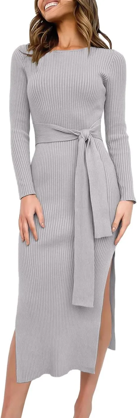 Long Sleeve Sweater Dress Crew Neck Slim Fit Slit Tie Waist 2024 Ribbed Knit Bodycon Midi Dress Fall Outfits