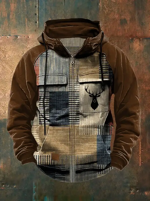 Men's Retro Casual Plaid Elk Contrast Color Jacket