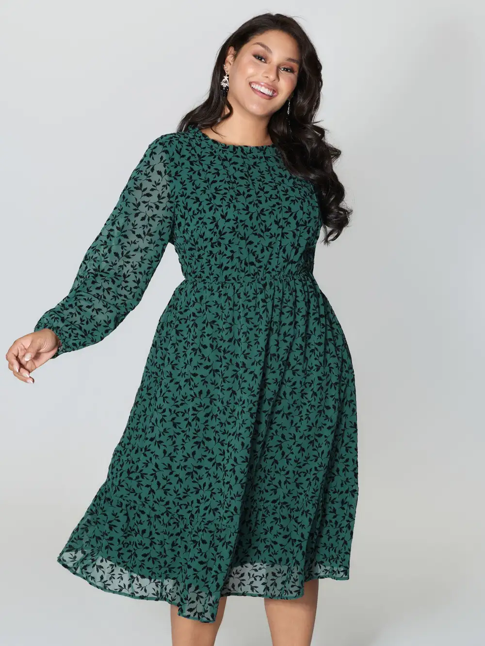 Flocked Floral Shirred Ruffled Neck Midi Dress