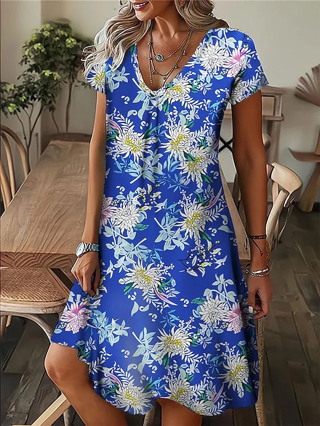 Women's Floral Leaf Print V Neck Midi Dress Daily Vacation Short Sleeve Summer Spring