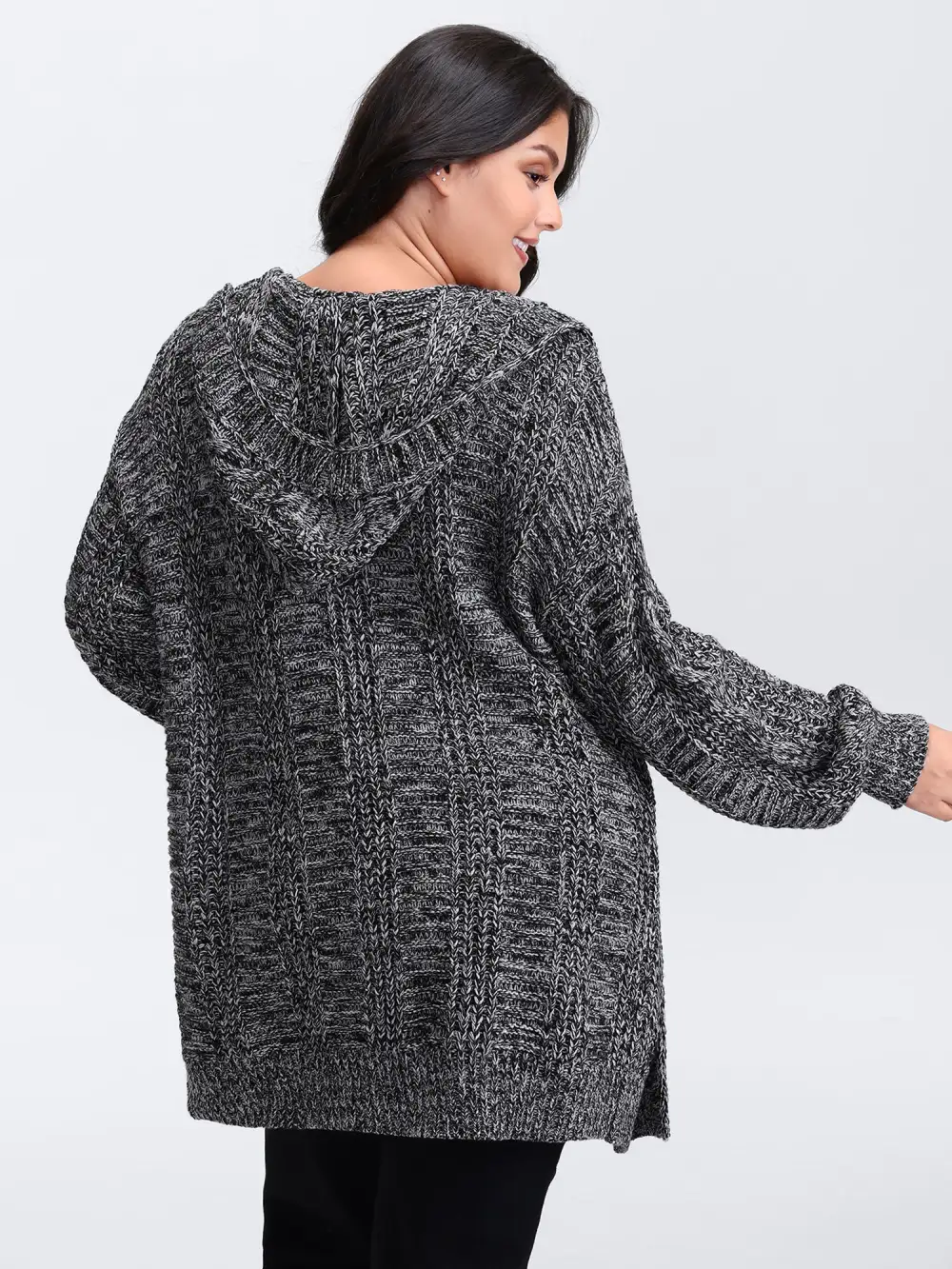 Textured Open Front Hooded Knit Cardigan