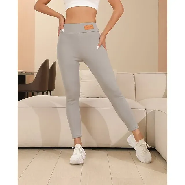 Women's EU / US Size Skinny Cozy Fleece Lined Cozy Leggings Classic & Timeless Full Length High Rise Plain Pocket Outdoor Warm Micro-elastic Home Daily Wear claret Dark-Gray Black 1