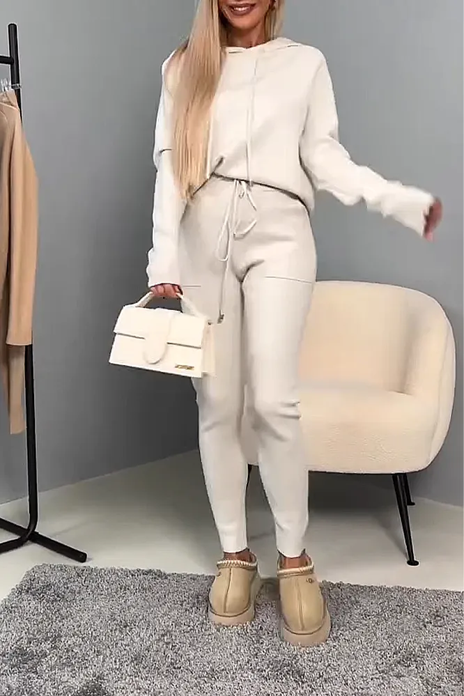 Women's solid color knitted top and pants two-piece set