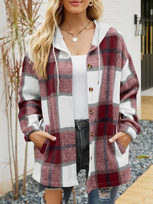Women's Casual Jacket Dailywear Button Plaid Casual / Daily Vintage Loose Fit Outerwear Long Sleeve Summer
