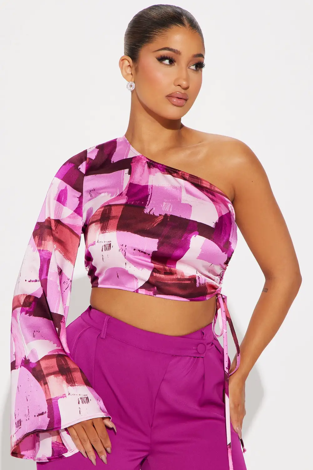 Artistic Feel Satin Blouse Top - Fuchsia/combo