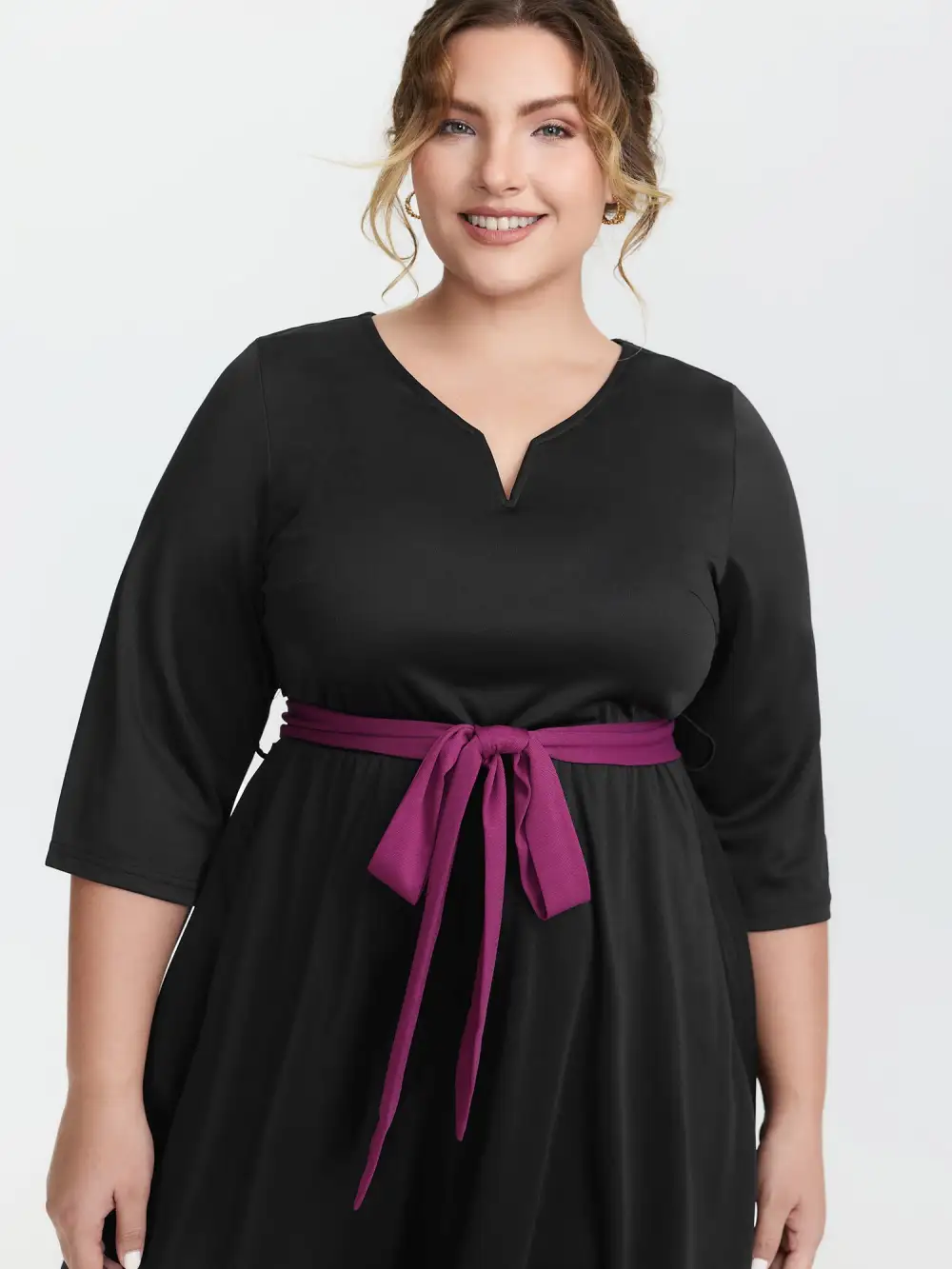 Color Contrast Stretchy Waist-Tie Midi Dress