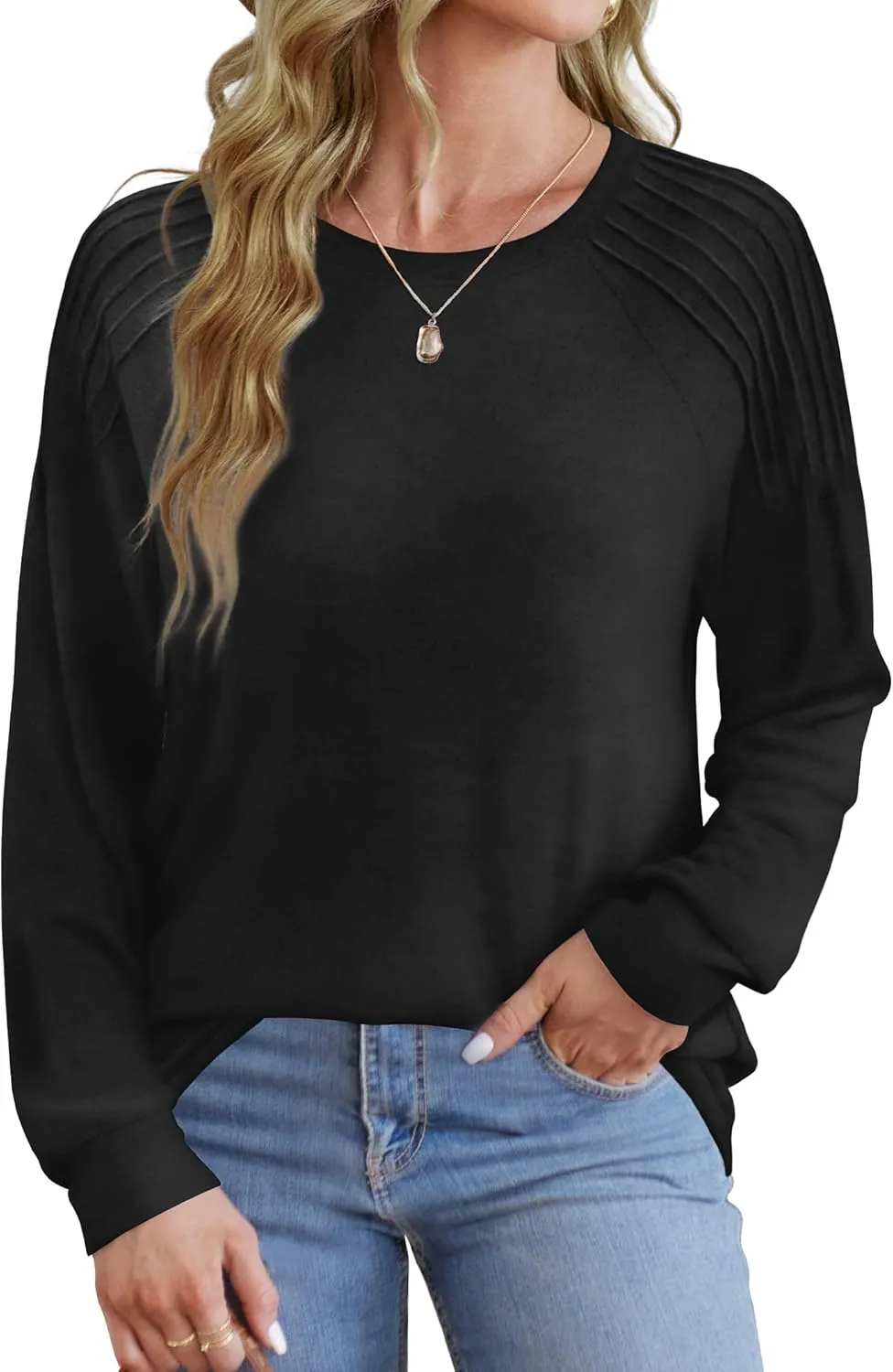 Sweatshirt for Women Crewneck Pleated Long Sleeve Shirts Tunic Tops Fashion 2024