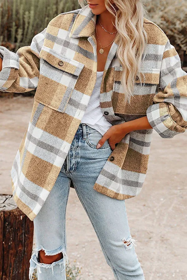 Vintage Plaid Pattern Pocket Design Shirt Coat
