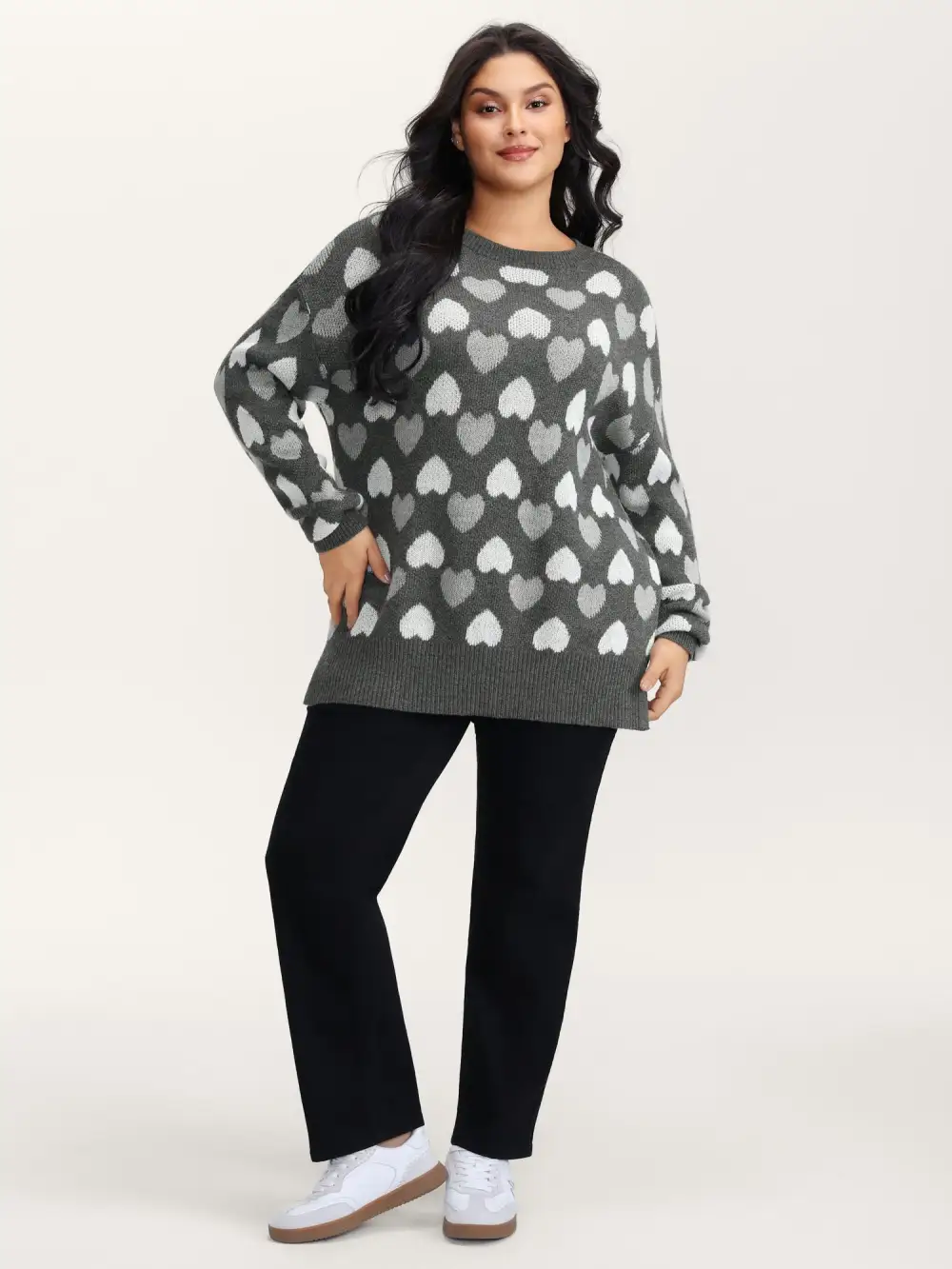 Monochrome Hearts Slit Round Neck Pullover