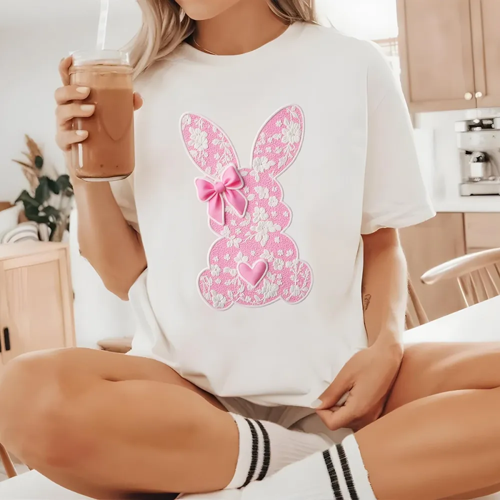 Easter Pink Floral Bunny Printed Round Neck Short Sleeve T-Shirt