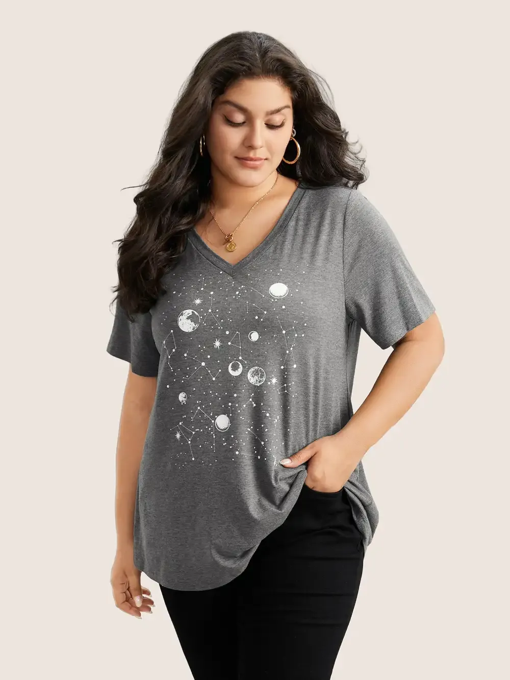 Moon And Star Print V Neck T-Shirt