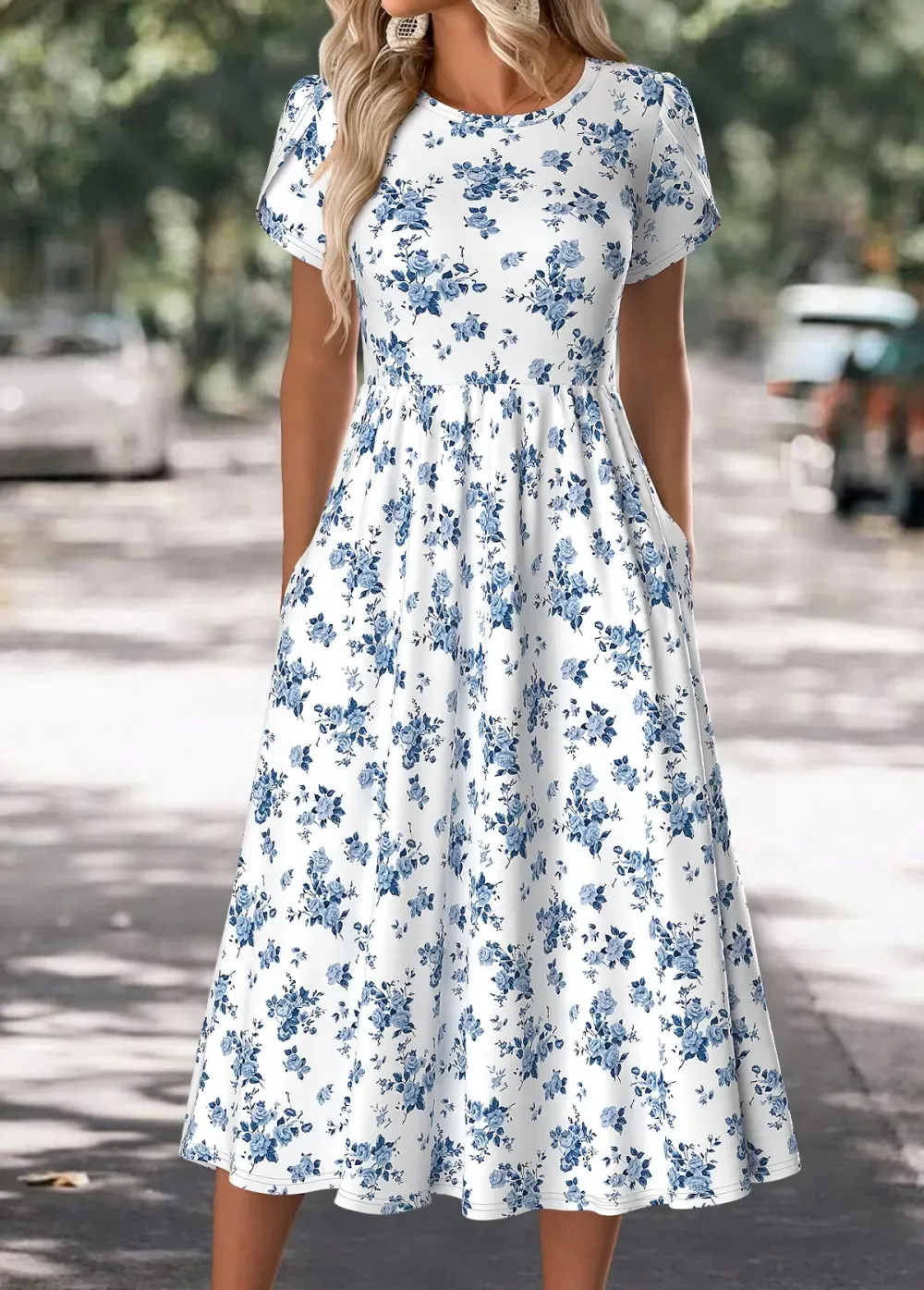 White Floral Print Short Sleeve Round Neck Dress