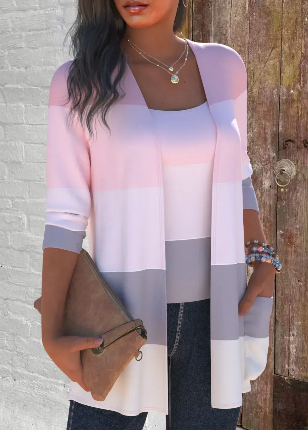 Pink Two Piece Striped Cardigan and Tank Top
